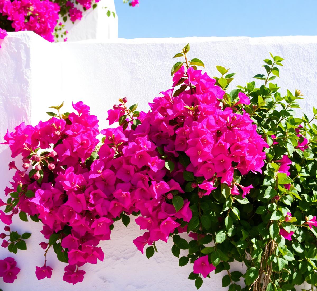Magenta bougainvillea against a whitewashed wall