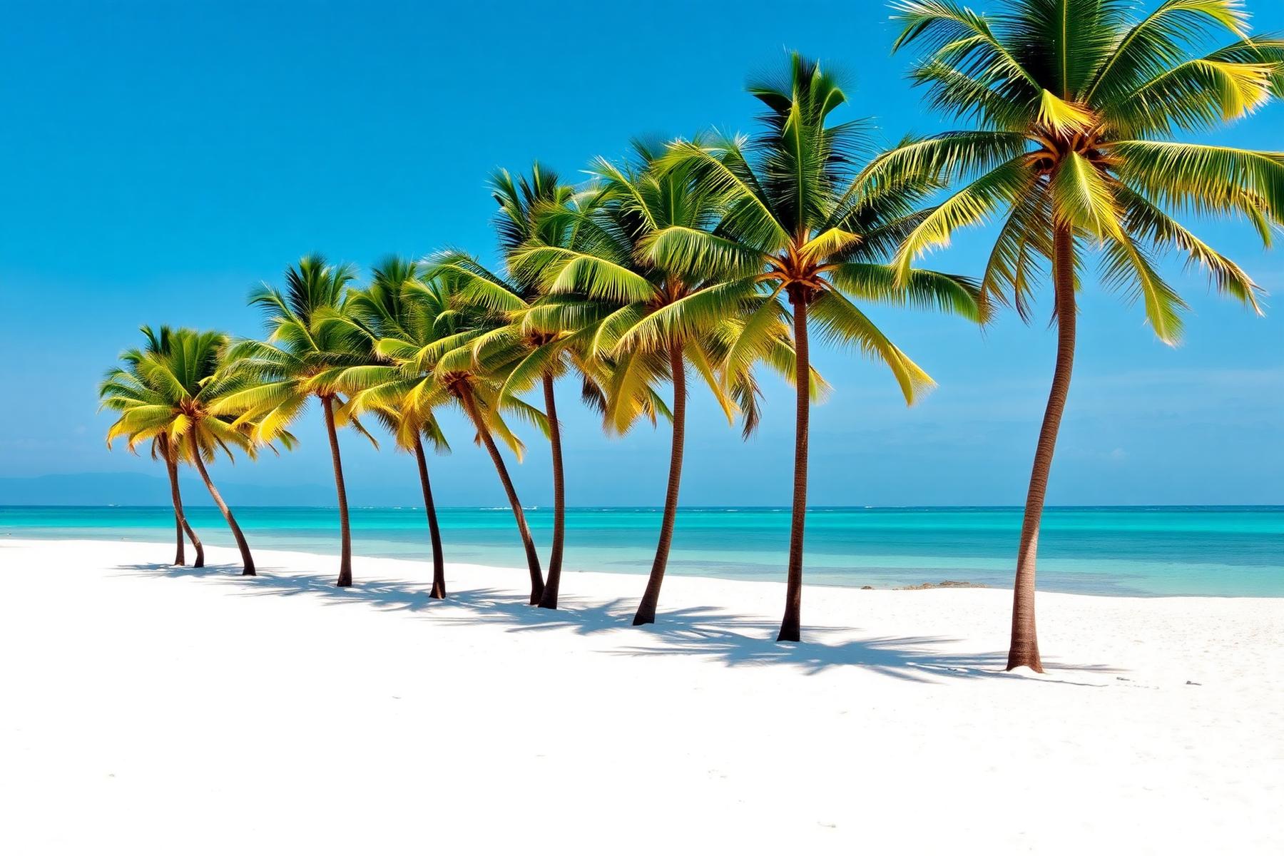 Palm trees leaning over white sand and turquoise ocean water