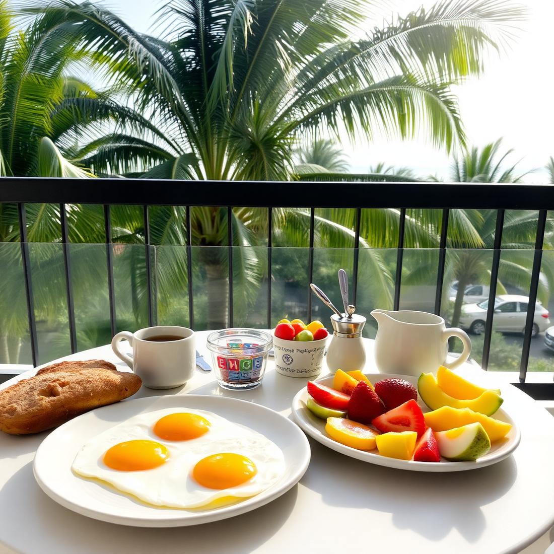 Breakfast on a terrace with fruit, eggs and coffee