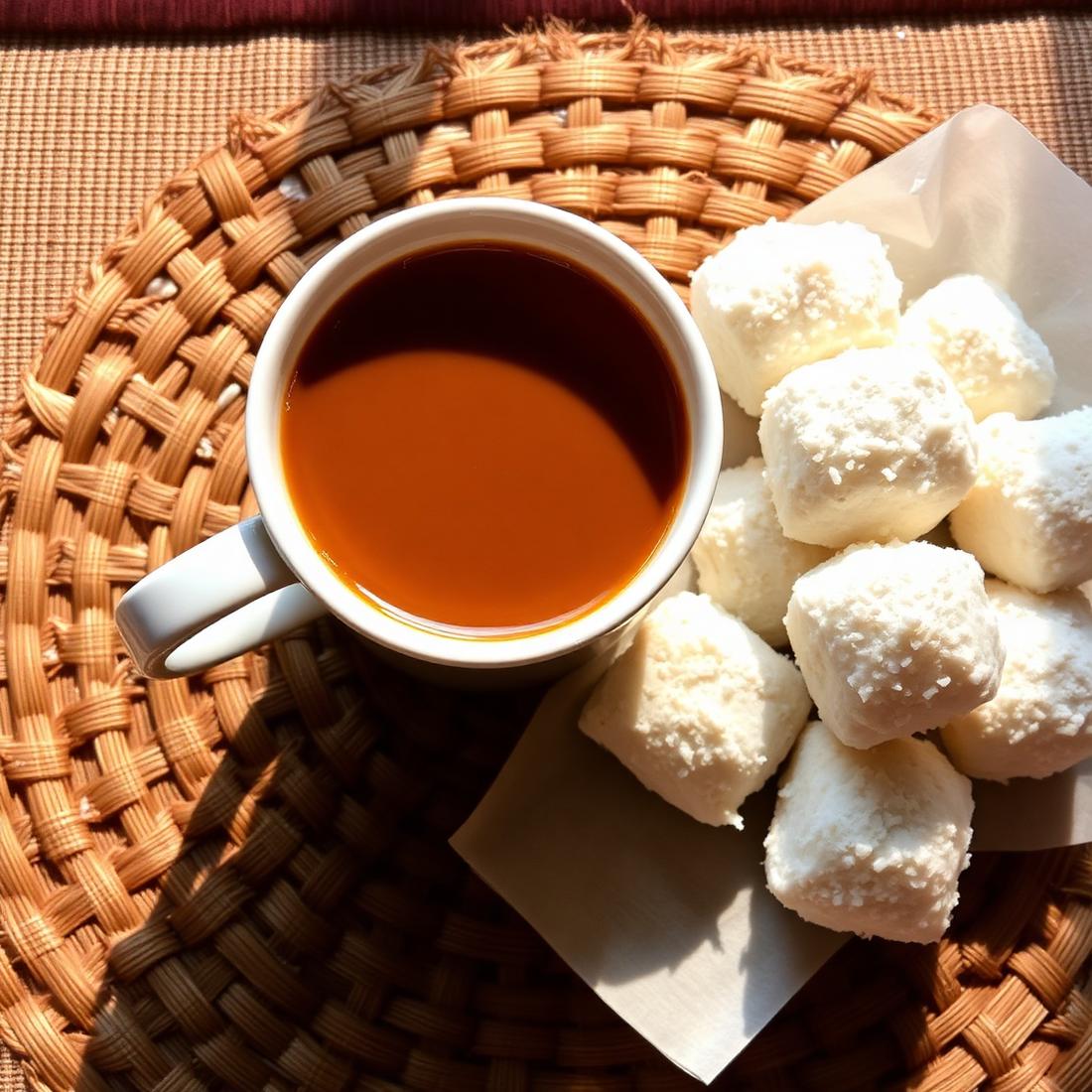 Cup of spiced coffee beside coconut sweets on a woven mat