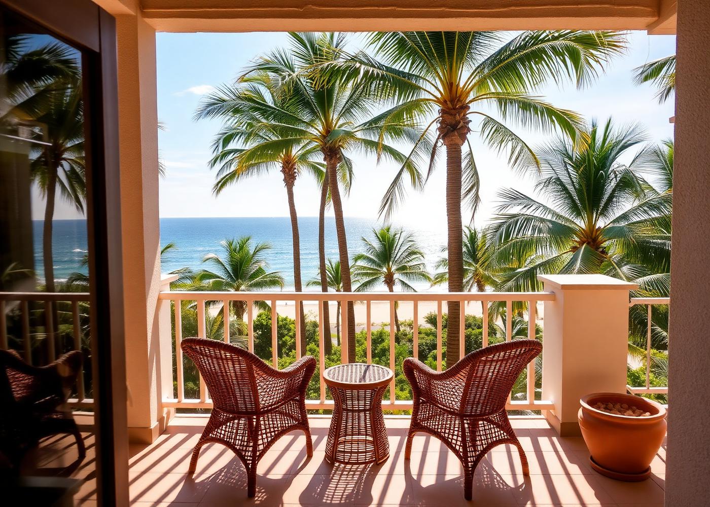 Balcony with rattan chairs looking towards palms and the sea