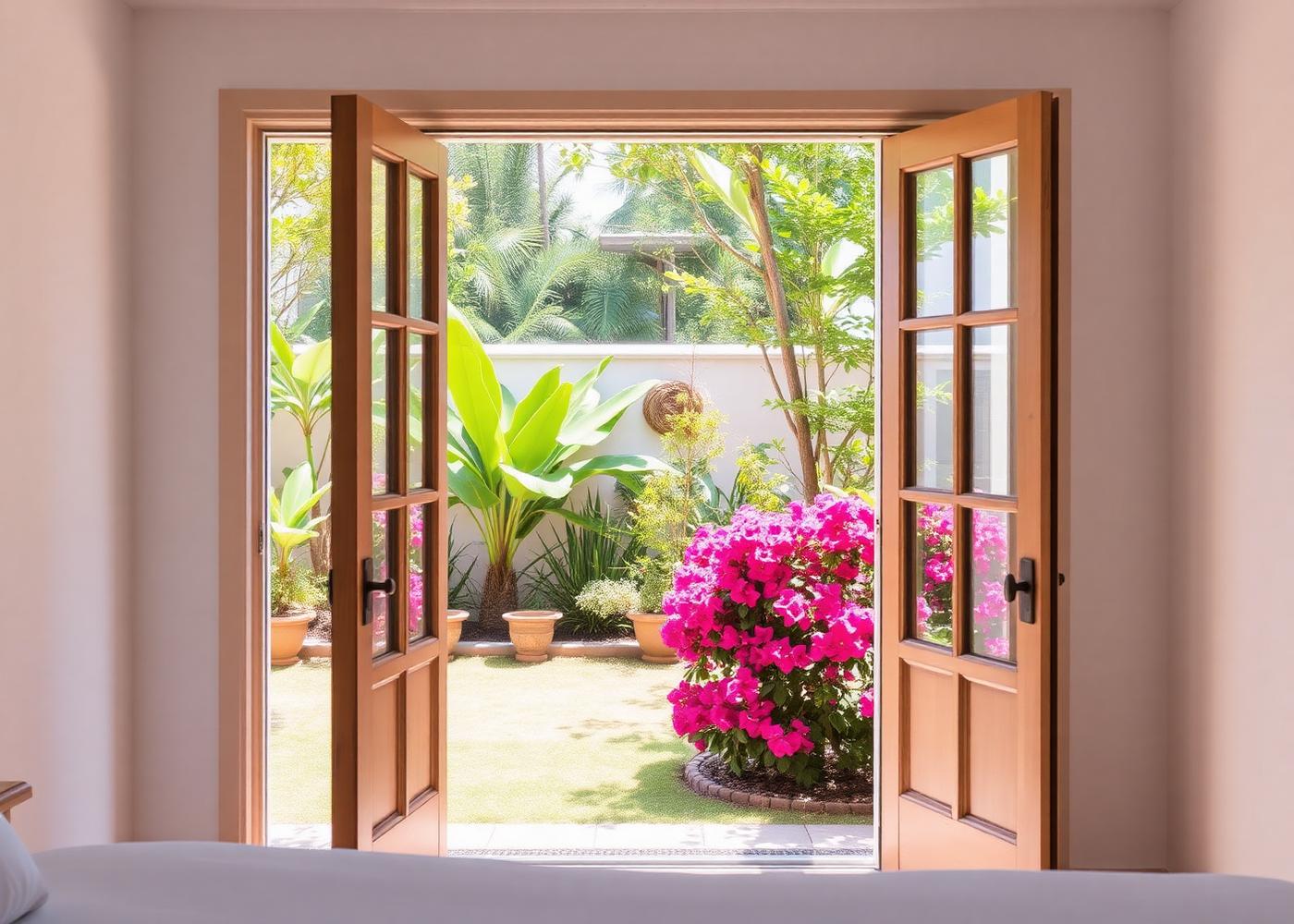 Open doors onto a courtyard garden with bougainvillea