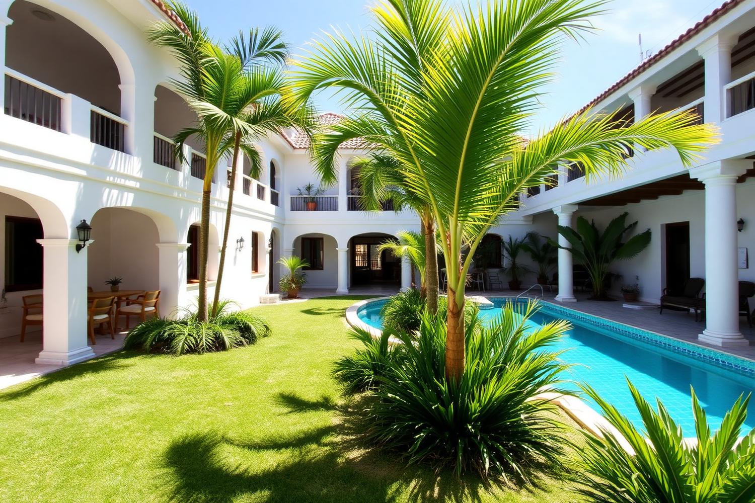 Courtyard garden with palms and a swimming pool beside white arches